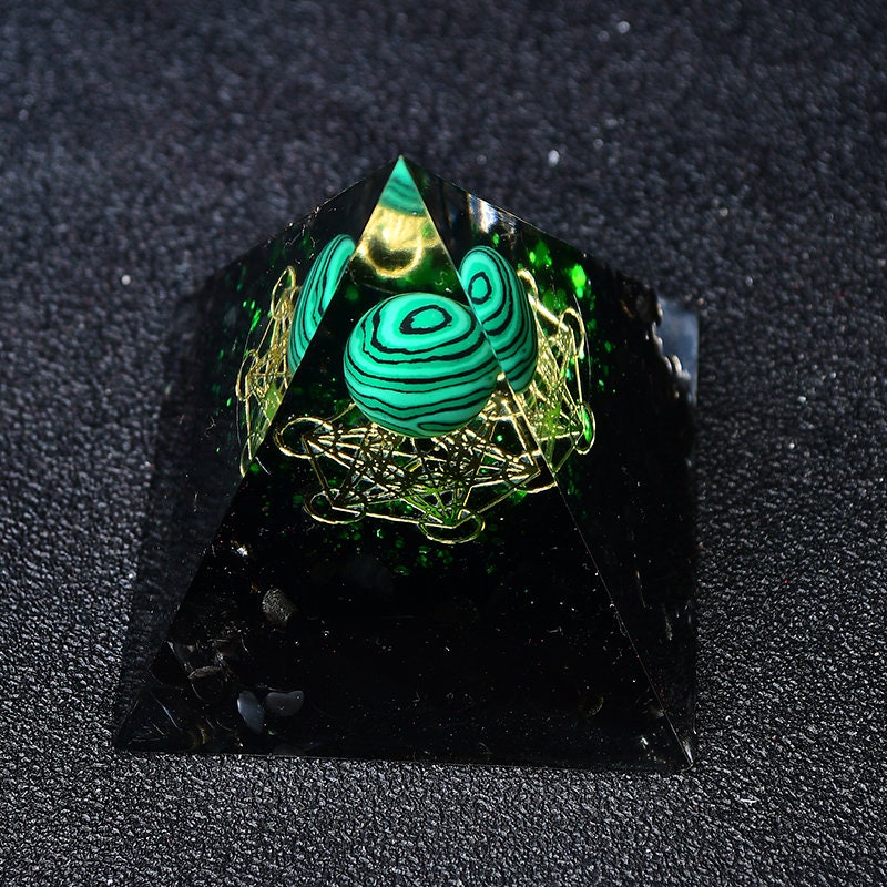 2.36‘’ Orgone Pyramid Green Malachite Sphere Chakra Energy Sphere Quartz Healing Orgonite Gift  Meditation Hand Made DIY Home Decor