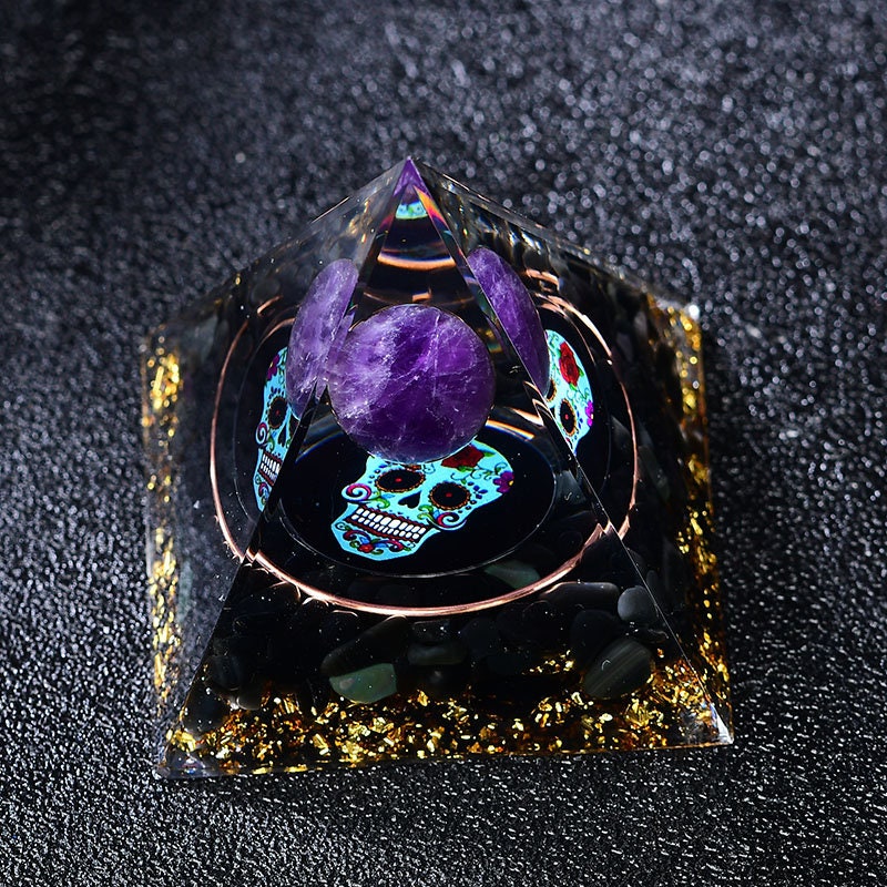 2.36‘’ Magic Orgonite Pyramid Hand Made Amethyst Crystal Sphere Skull Base Crystal Obsidian Orgone Home Decoration Collection Gift