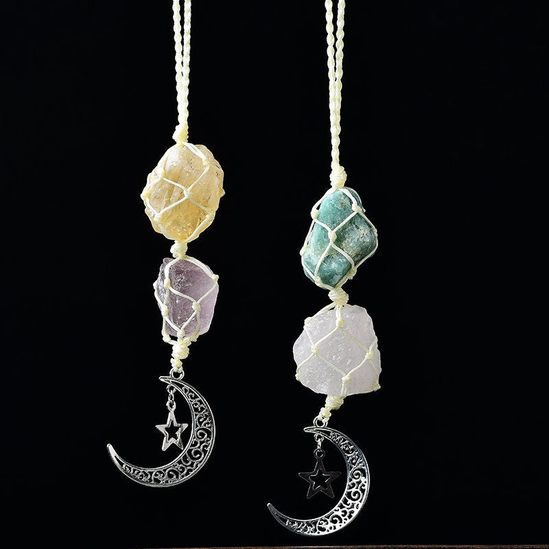 Moon Shape DIY Crystal Car Hanger Decor Critine with Amethyst or Aventurine with Clear Quartz Room Hanger Healing Meditation Gemstone