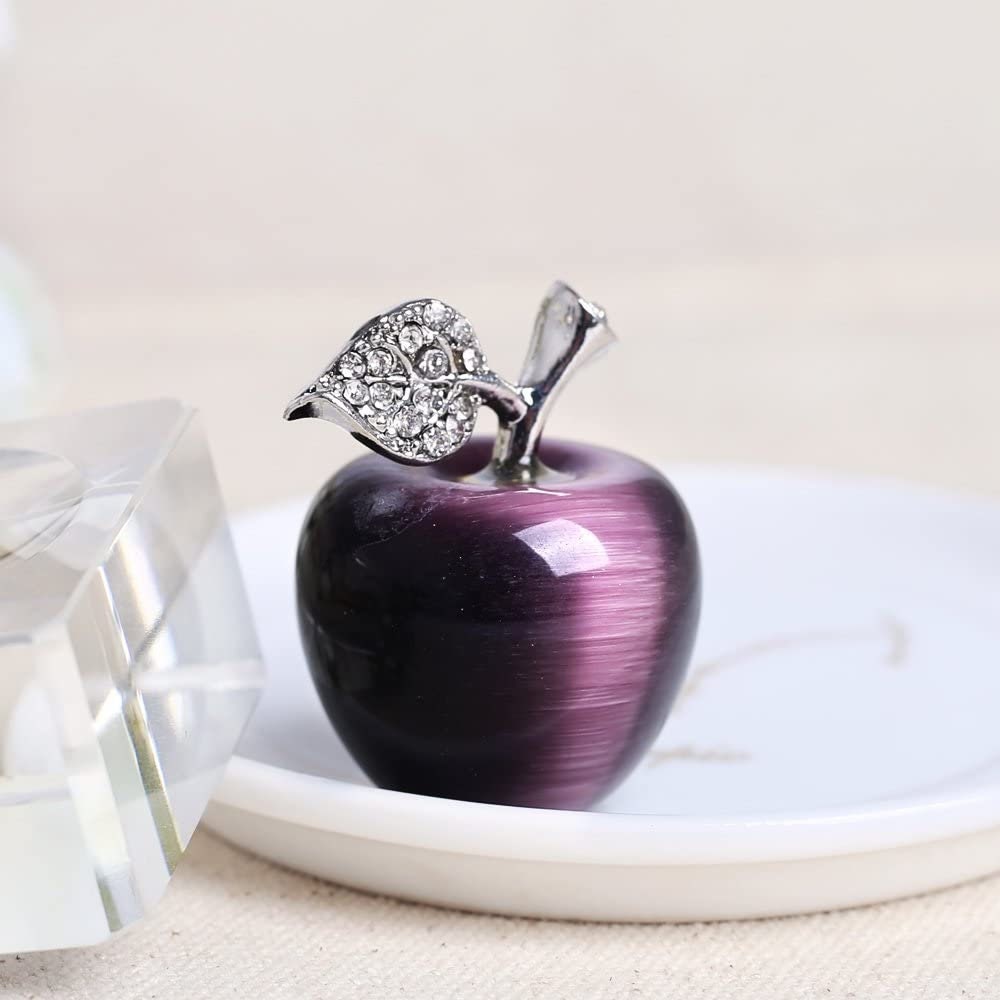 Purple Cat's Eye Hand-Carved Crystal Gemstone Apple Figurine Paperweight Craft Decoration Room Decor Healing Gift