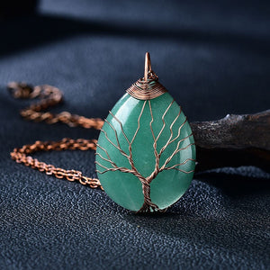 New Style Wire Wrapped Tree of Life Natural Aventurine Gemstone Teardrop Pendant Necklace Hand Made Healing Crystal Chakra Jewelry for Girl