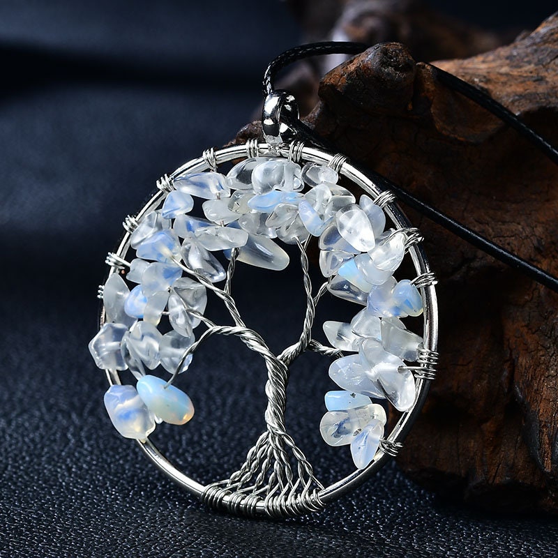 Natural Gemstone DIY Crystal Gemstone Tree of Life Pendant Healing Crystals Tumbled Stone Craft Art Chakra Women Necklace Gift Collection