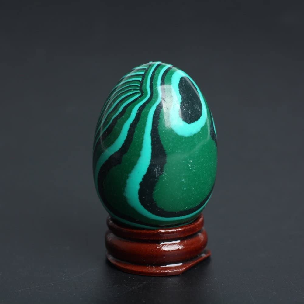 2 Inches Carved Malachite Egg Gemstone Rock Quartz Hand Made Reiki Crafts Crystal with Wood Stand Energy Stone Room Decor Gift